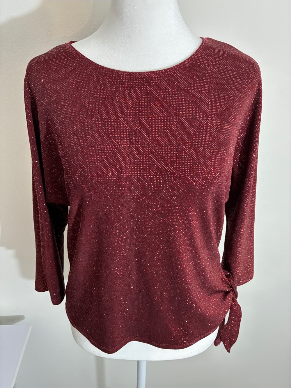 Notations Sparkle Knit Side-Tie Top - Burgundy/Red S